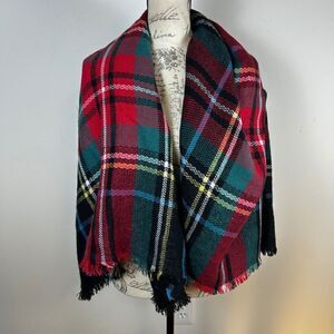 Marleylilly Monogrammed Plaid Blanket Scarf Red Green Black Acrylic Shawl Wrap